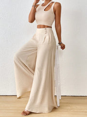 Ladies Summer Fashion Side Button Solid Color Wide Leg Pants