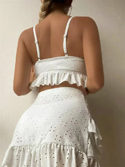 3 Piece Bikinis Set-Women Tie Up Ruffles Skirt High Waist Swimwear