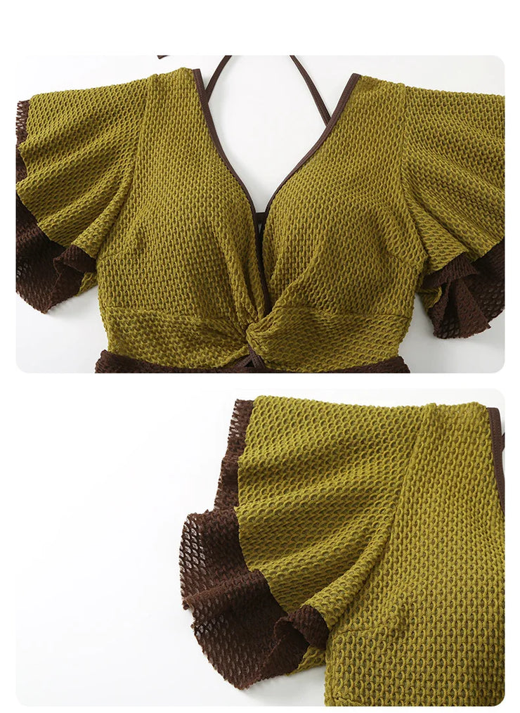 Olive Mocha Flutter-Knit Swimsuit Dress