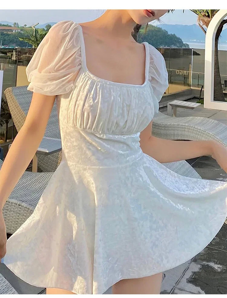White One-Piece Velvet Backless Swimwear for Women