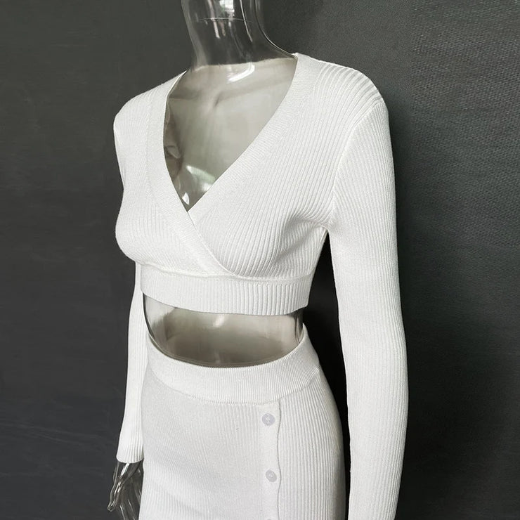 Knit Two-Piece stylish skirt & V Neck Outfit Set
