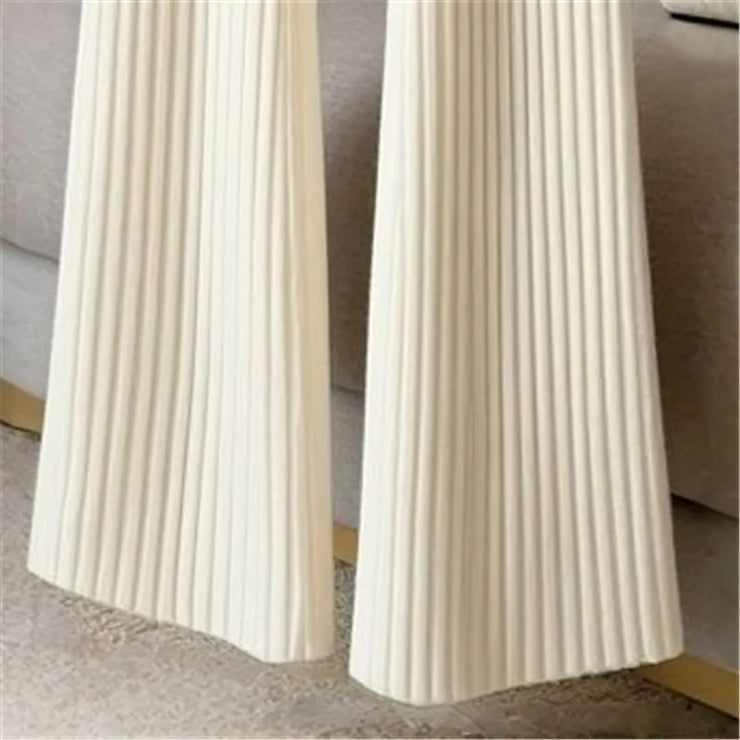 High-end Knit Flared Slim White Pant High Waist Design Pocket Trousers