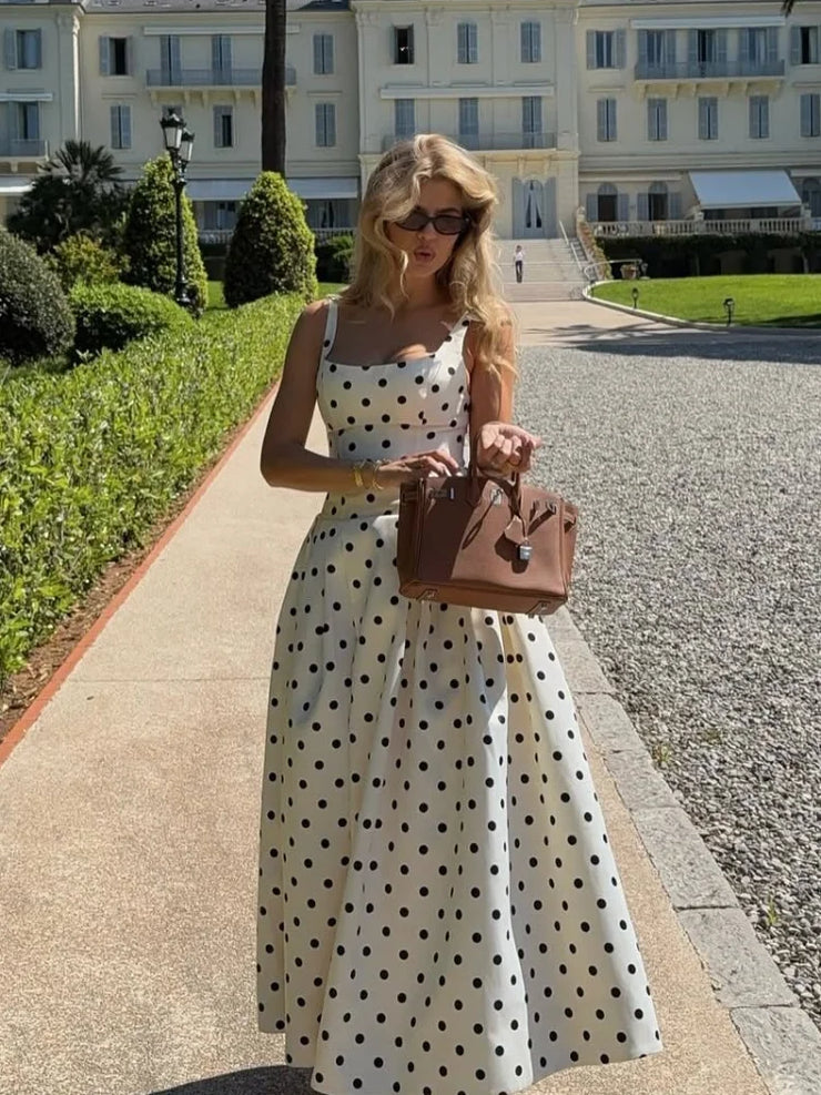 Timeless Elegance – Polka Dot Square Neck Sleeveless Maxi Dres