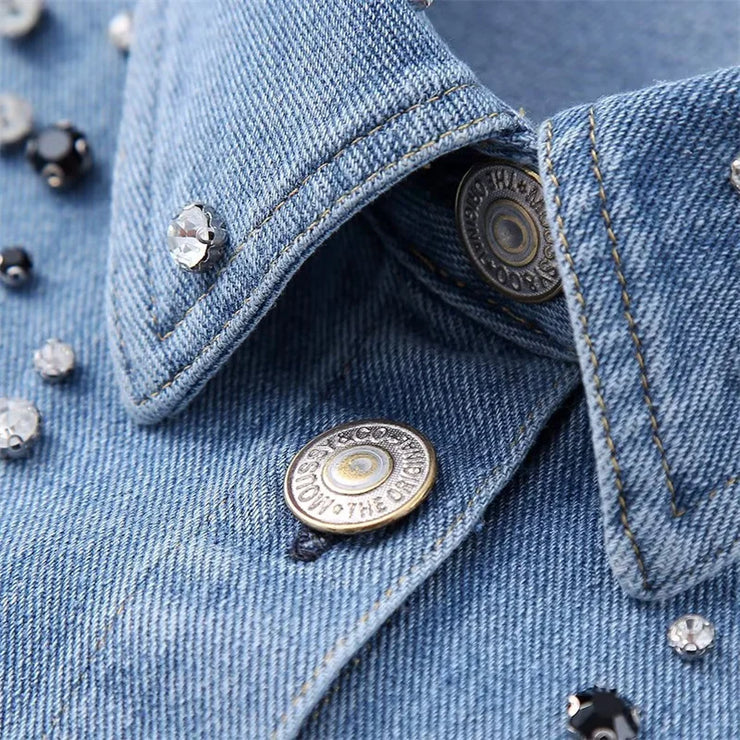 Crystal-Dew Embellished Cropped Denim Shirt