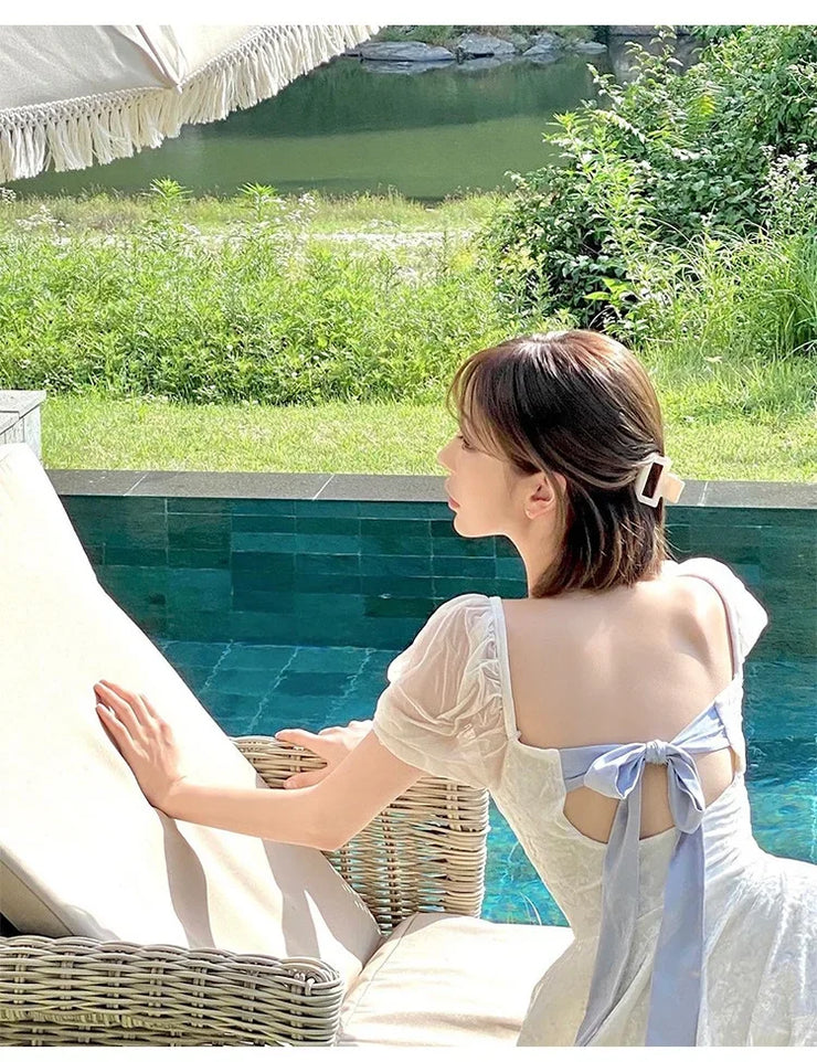 White One-Piece Velvet Backless Swimwear for Women