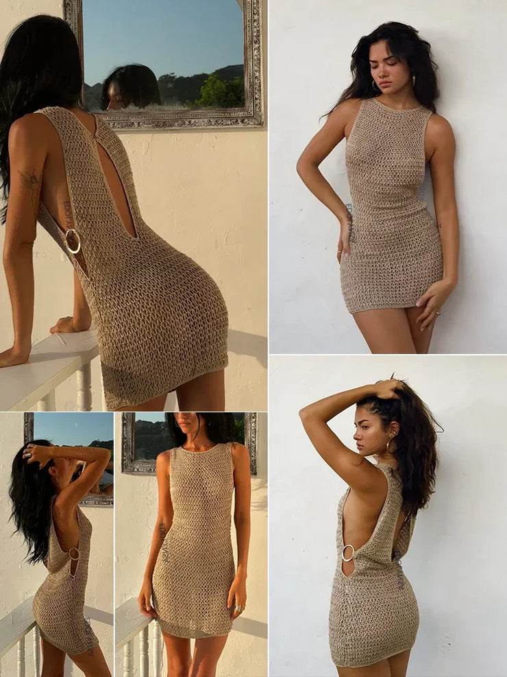 Neck Cut Out Circle Decoration Slim Beach Knit Mini Dress Women