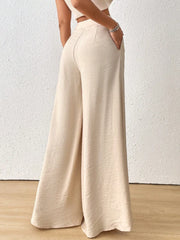 Ladies Summer Fashion Side Button Solid Color Wide Leg Pants