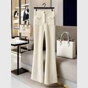 High-end Knit Flared Slim White Pant High Waist Design Pocket Trousers