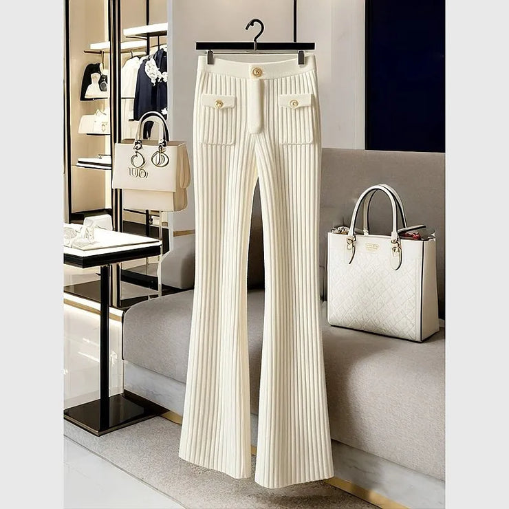 High-end Knit Flared Slim White Pant High Waist Design Pocket Trousers