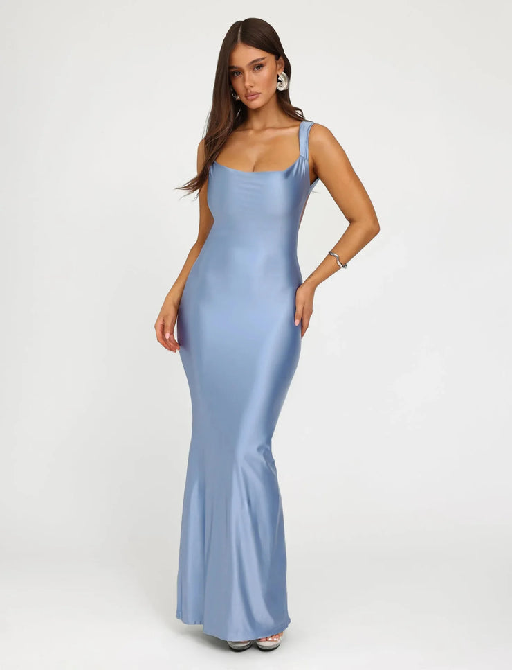 Celeste Satin Sculpt Maxi Dress – Backless Elegance