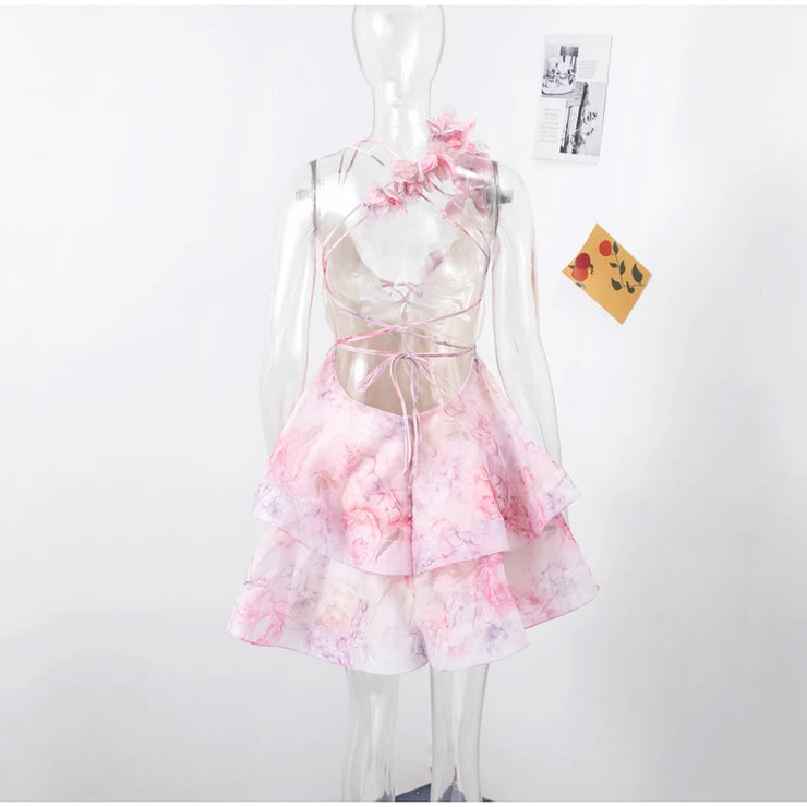 Petal Mirage Open-Back Ruffle Dress