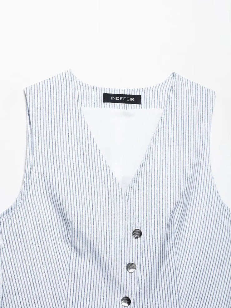 Lady Vest Skirt Shorts Set Women Casual Suits V-Neck Striped Outfits