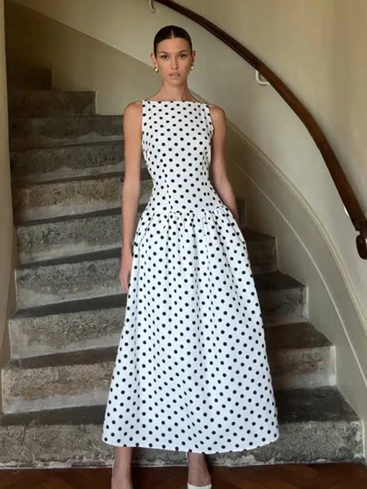 Timeless Elegance – Polka Dot Square Neck Sleeveless Maxi Dres