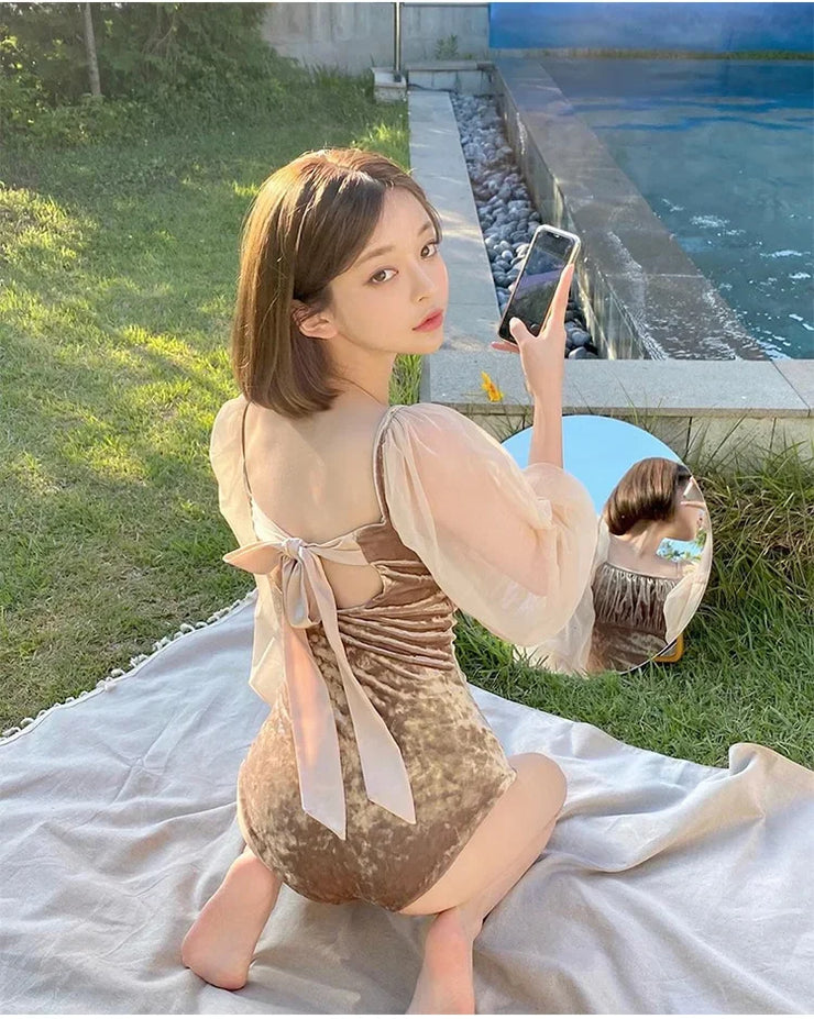 White One-Piece Velvet Backless Swimwear for Women