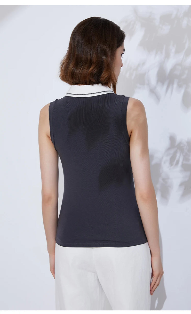Chic Contrast Collar Sleeveless Polo Top