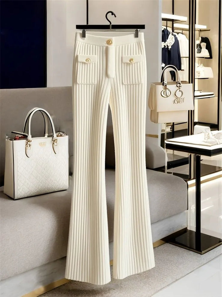 High-end Knit Flared Slim White Pant High Waist Design Pocket Trousers