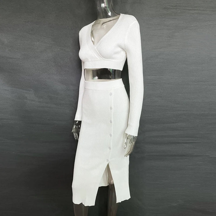 Knit Two-Piece stylish skirt & V Neck Outfit Set