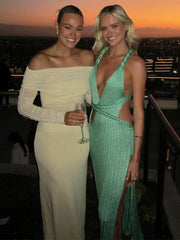 Bold Elegance – Turquoise Knit Backless Mermaid Dress