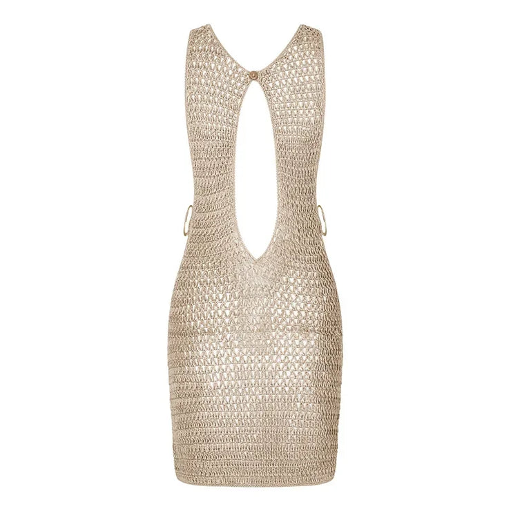 Neck Cut Out Circle Decoration Slim Beach Knit Mini Dress Women