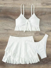 3 Piece Bikinis Set-Women Tie Up Ruffles Skirt High Waist Swimwear