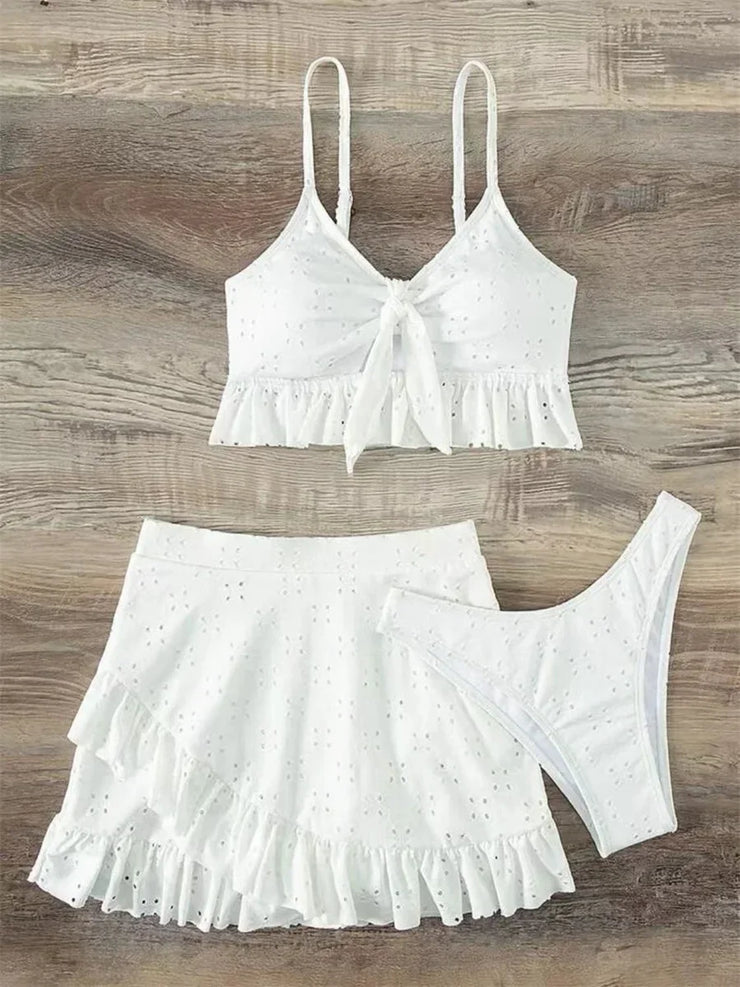 3 Piece Bikinis Set-Women Tie Up Ruffles Skirt High Waist Swimwear
