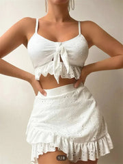 3 Piece Bikinis Set-Women Tie Up Ruffles Skirt High Waist Swimwear