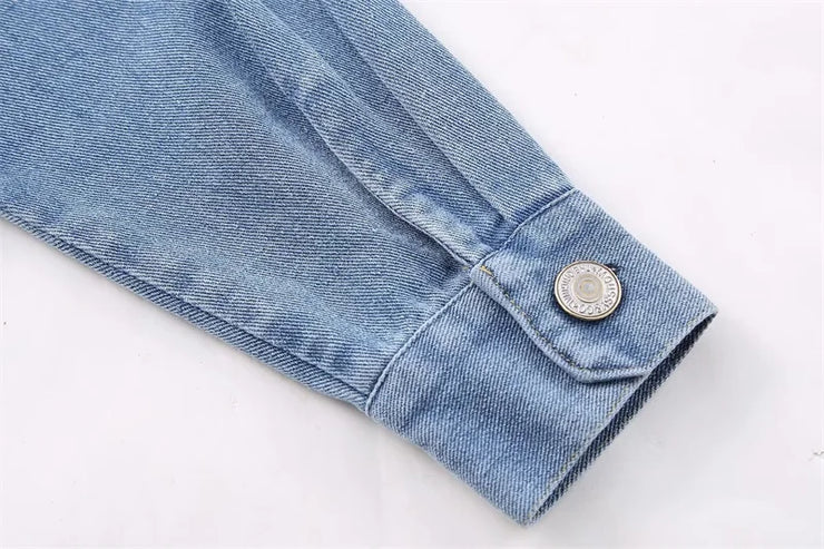 Crystal-Dew Embellished Cropped Denim Shirt