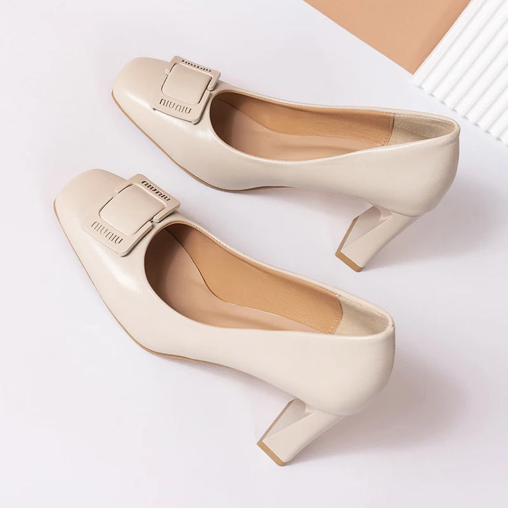 Regency Charm Square-Toe Buckle Heels