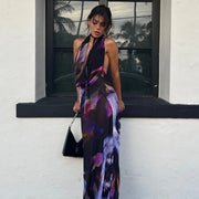 Elegant Halter Backless Maxi Dress - Purple Print
