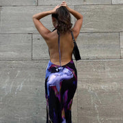 Elegant Halter Backless Maxi Dress - Purple Print