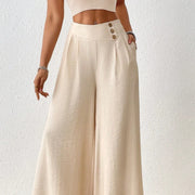 Ladies Summer Fashion Side Button Solid Color Wide Leg Pants