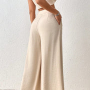 Ladies Summer Fashion Side Button Solid Color Wide Leg Pants