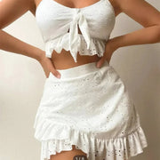 3 Piece Bikinis Set-Women Tie Up Ruffles Skirt High Waist Swimwear