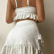 3 Piece Bikinis Set-Women Tie Up Ruffles Skirt High Waist Swimwear