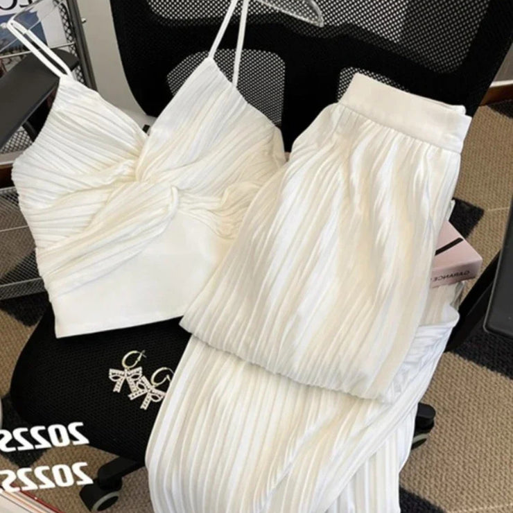 Women's Wide Leg Pants & V Neck Vest Folds Trousers Set